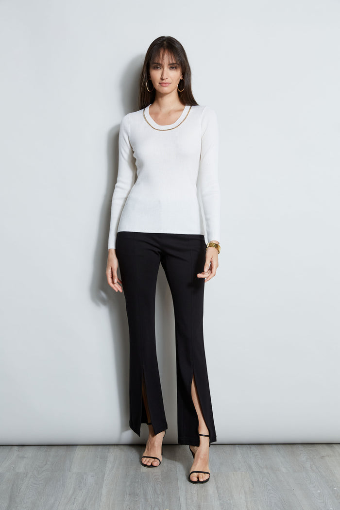 Elie Tahari Merino Rib Chain Detail Sweater SNOW