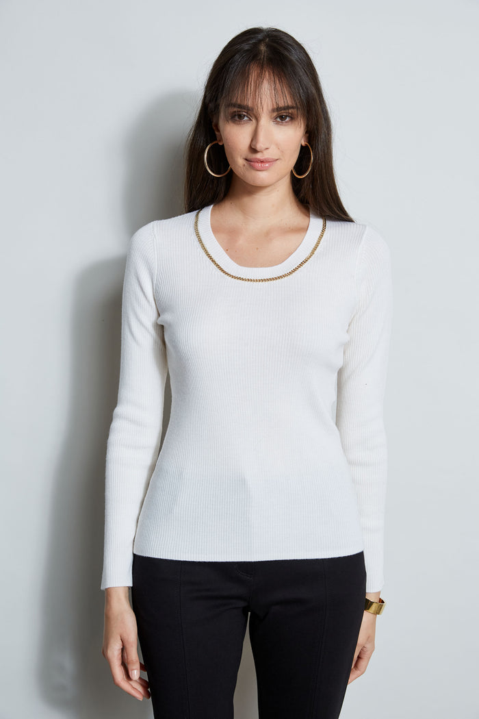 Elie Tahari Merino Rib Chain Detail Sweater SNOW