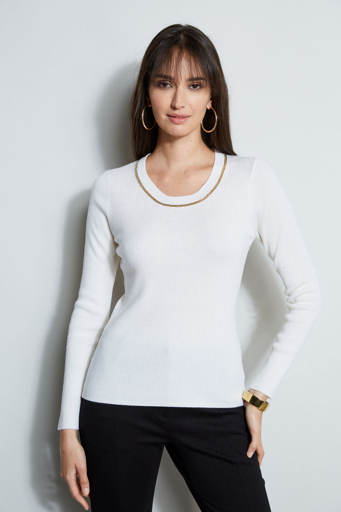 Elie Tahari Merino Rib Chain Detail Sweater SNOW
