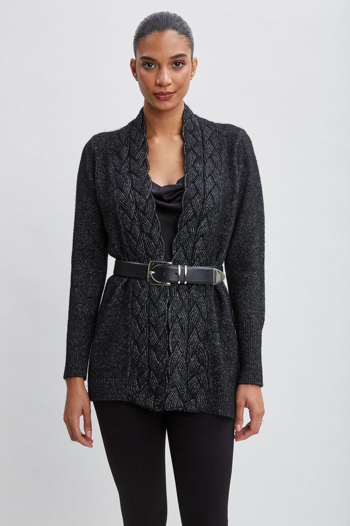 Elie Tahari Metallic Cable Cardigan Black-Silver