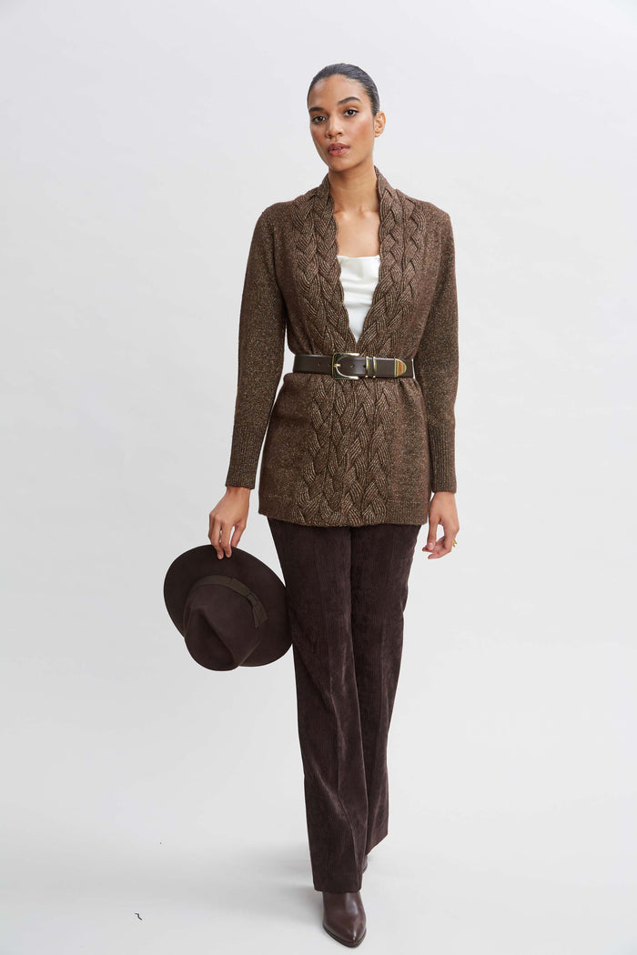 Elie Tahari Metallic Cable Cardigan WOOD-GOLD