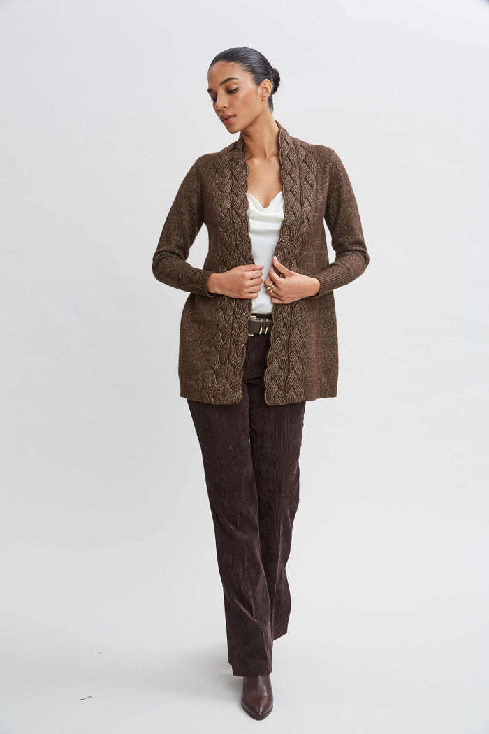 Elie Tahari Metallic Cable Cardigan WOOD-GOLD