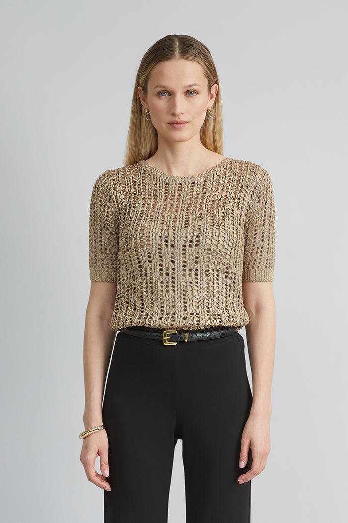 Elie Tahari Metallic Crochet Sweater ANTIQUE GOLD
