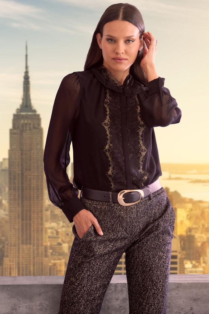 Elie Tahari Metallic Lace Trim Silk Shirt BLACK