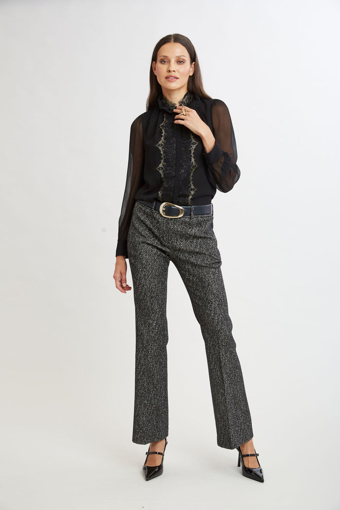 Elie Tahari Metallic Lace Trim Silk Shirt BLACK