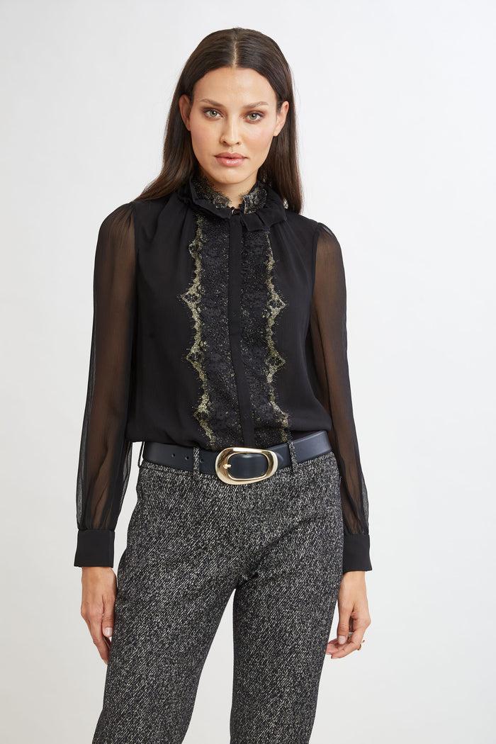 Elie Tahari Metallic Lace Trim Silk Shirt BLACK