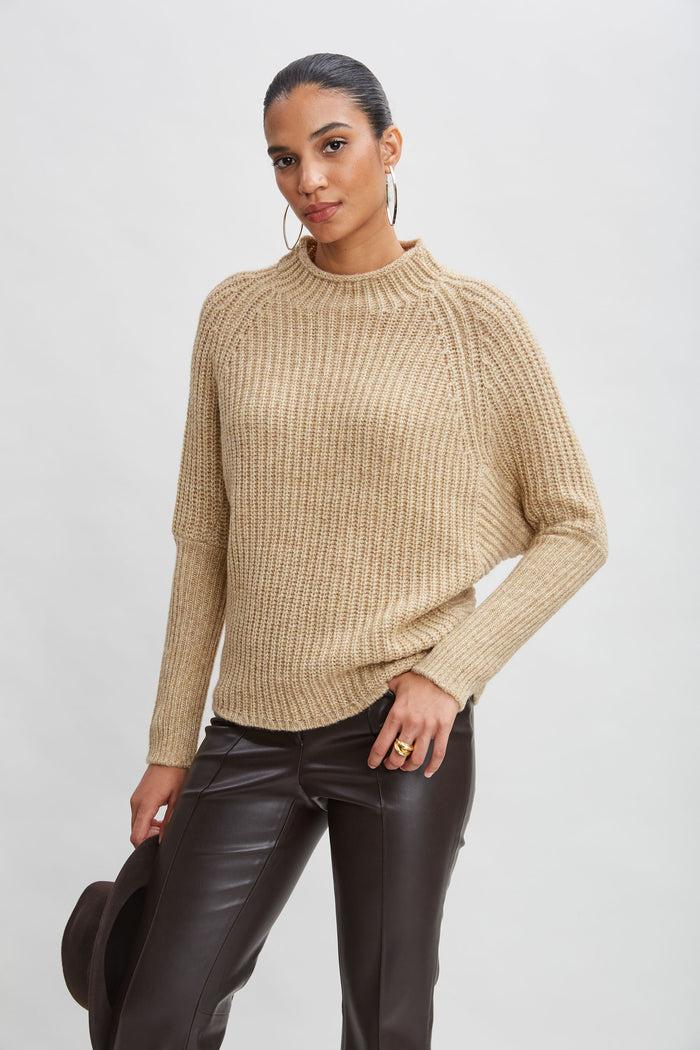 Elie Tahari Metallic Mock Neck Sweater TOFFEE-GOLD