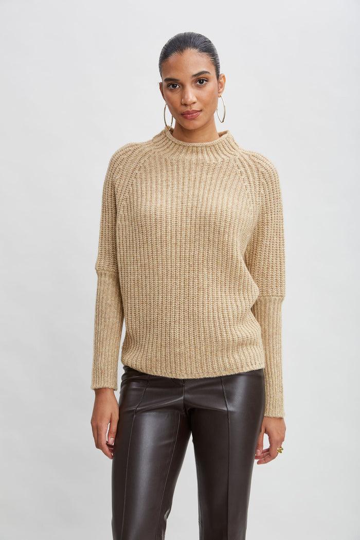 Elie Tahari Metallic Mock Neck Sweater TOFFEE-GOLD