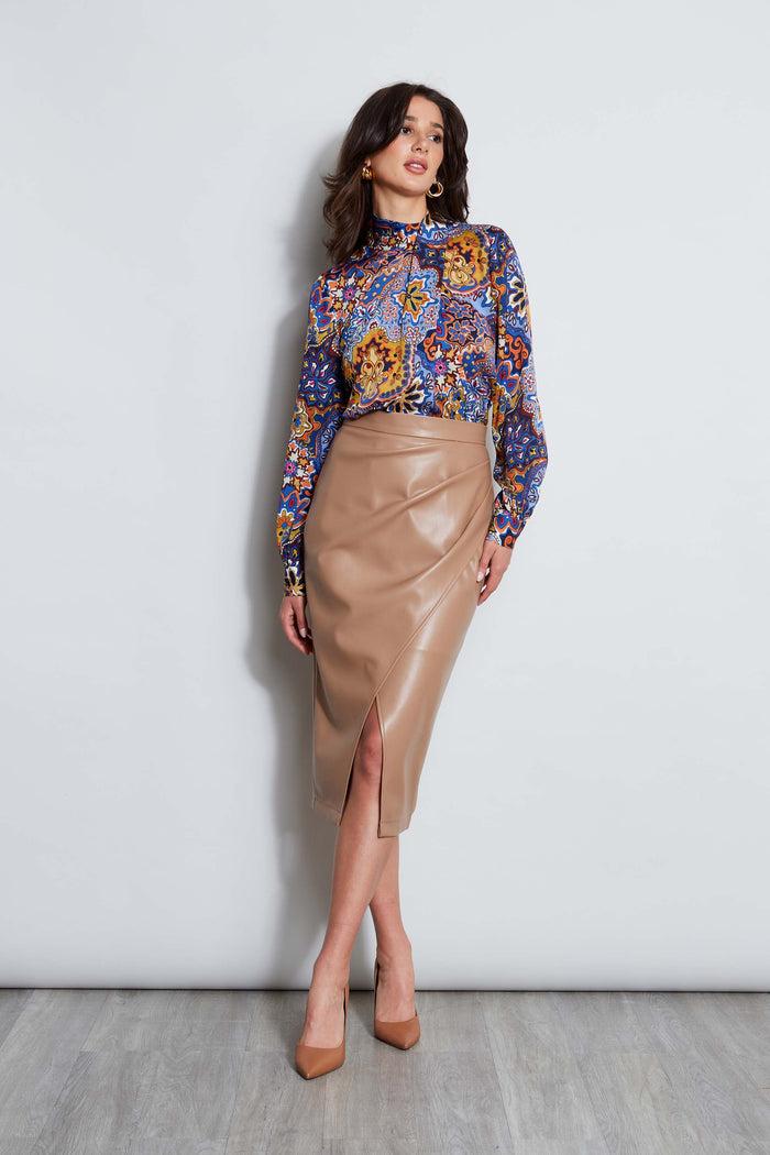 Elie Tahari Midi Vegan Leather Wrap Skirt FOSSIL