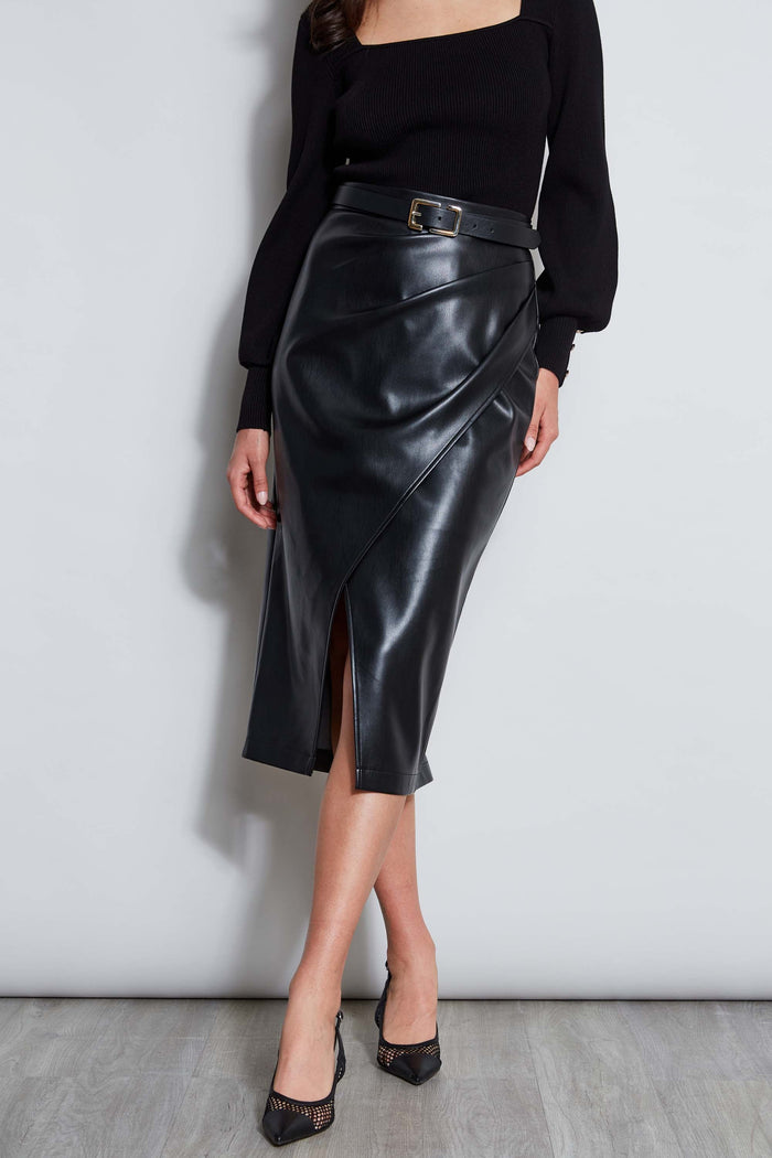 Elie Tahari Midi Vegan Leather Wrap Skirt NOIR