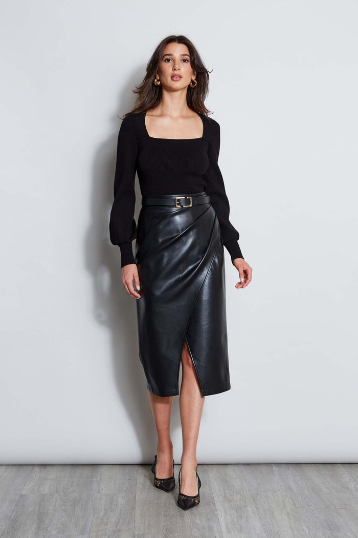 Elie Tahari Midi Vegan Leather Wrap Skirt NOIR