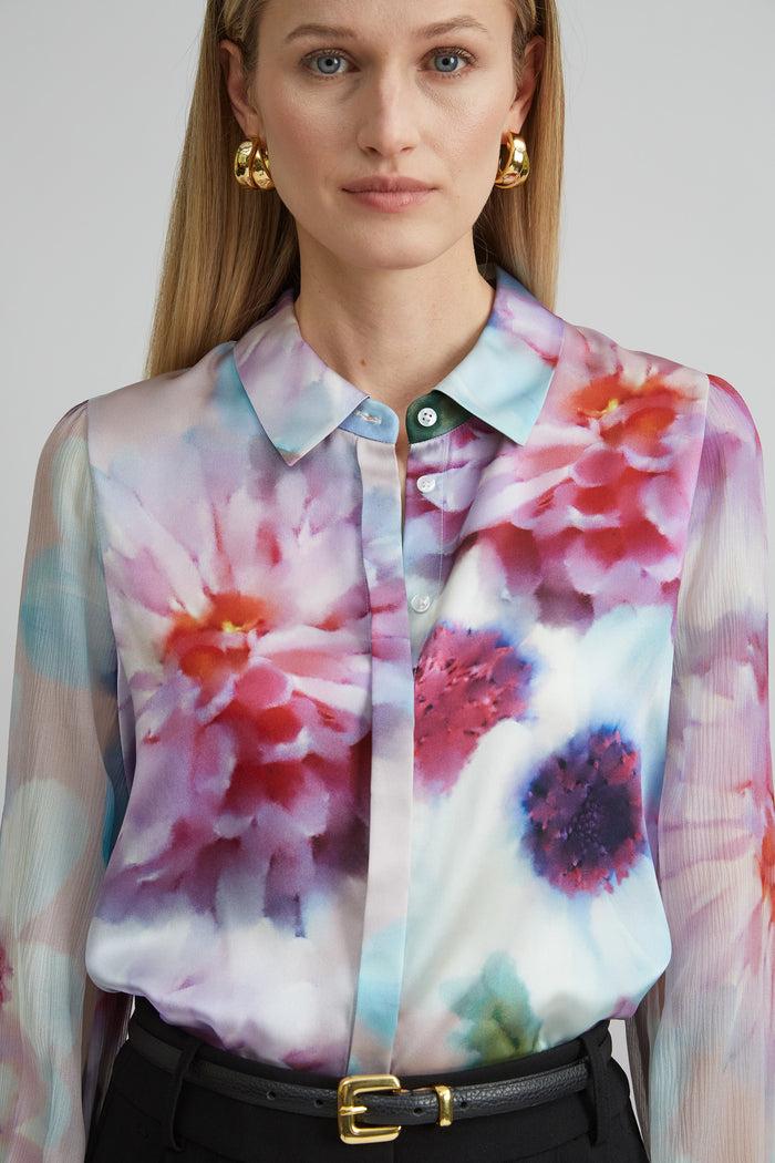 Elie Tahari Mixed Media Silk Floral Shirt MULTI