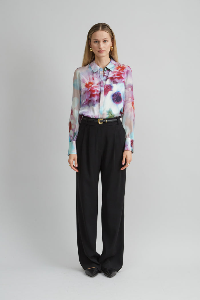 Elie Tahari Mixed Media Silk Floral Shirt MULTI