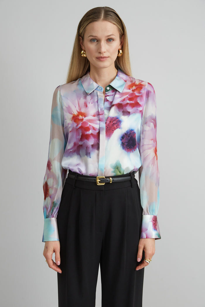Elie Tahari Mixed Media Silk Floral Shirt MULTI