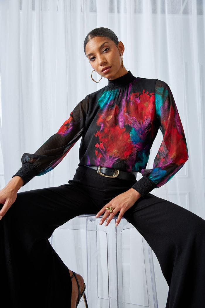 Elie Tahari Mock Neck Studio Floral Shirt MULTI