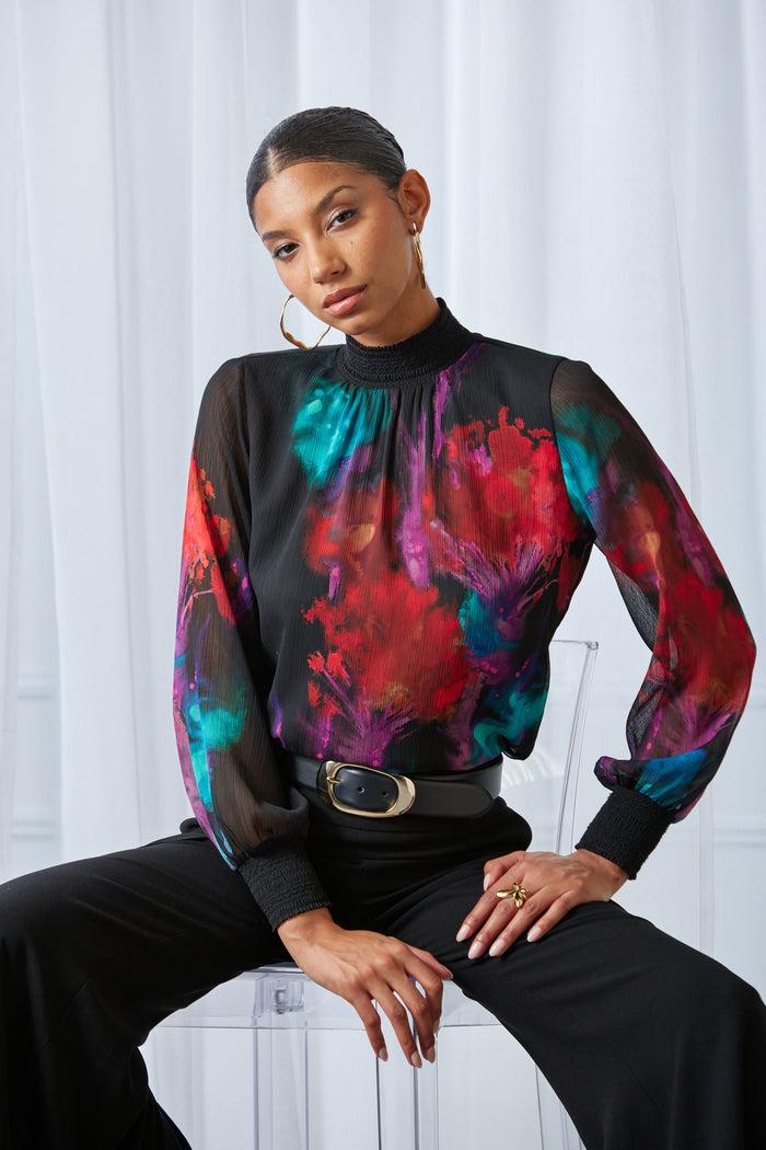 Elie Tahari Mock Neck Studio Floral Shirt MULTI