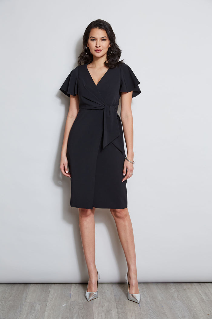 Elie Tahari Mock Wrap Flutter Sleeve Dress BLACK