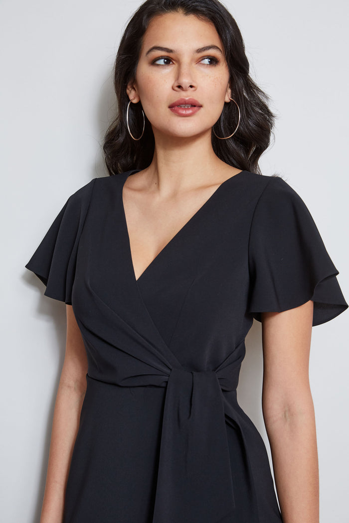 Elie Tahari Mock Wrap Flutter Sleeve Dress BLACK