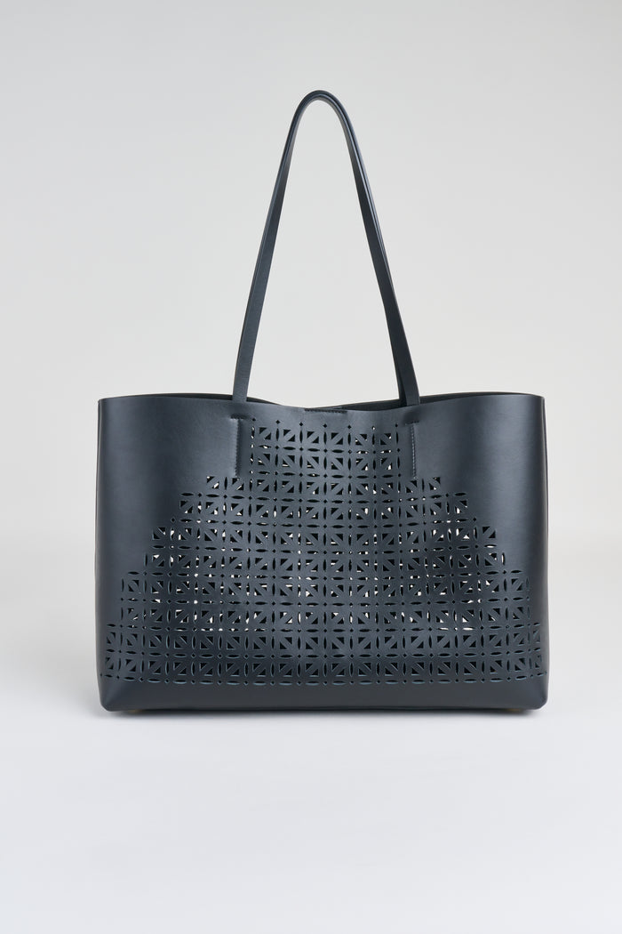 Elie Tahari Nappa Leather Lasercut Tote BLACK