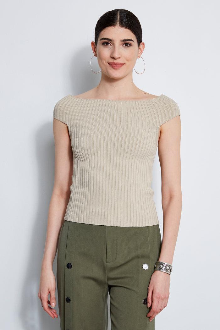 Elie Tahari Off Shoulder Rib Sweater SAND
