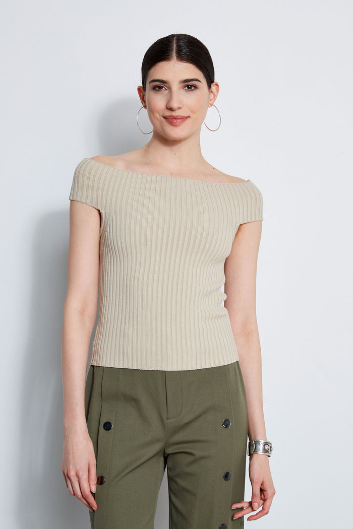 Elie Tahari Off Shoulder Rib Sweater SAND
