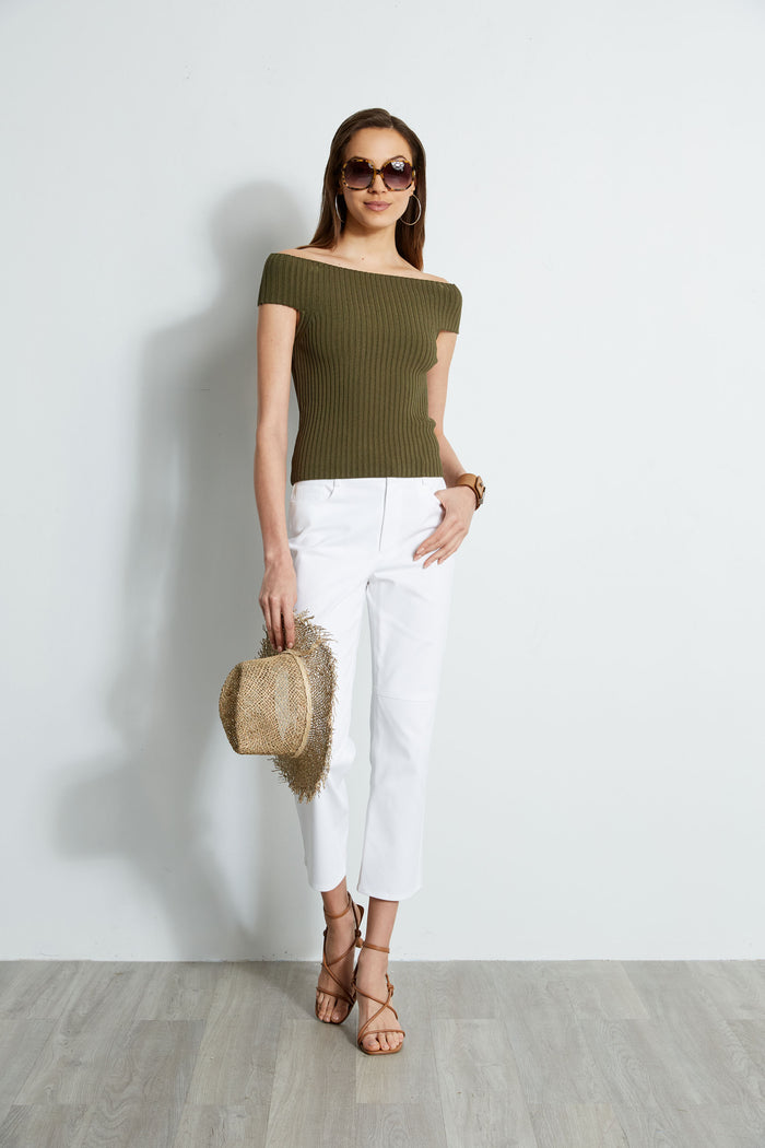 Elie Tahari Off Shoulder Rib Sweater TUSCAN OLIVE