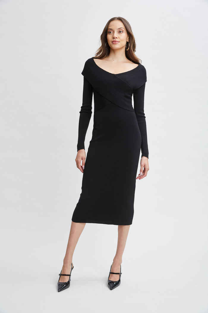 Elie Tahari Off Shoulder Wool Sweater Dress Noir
