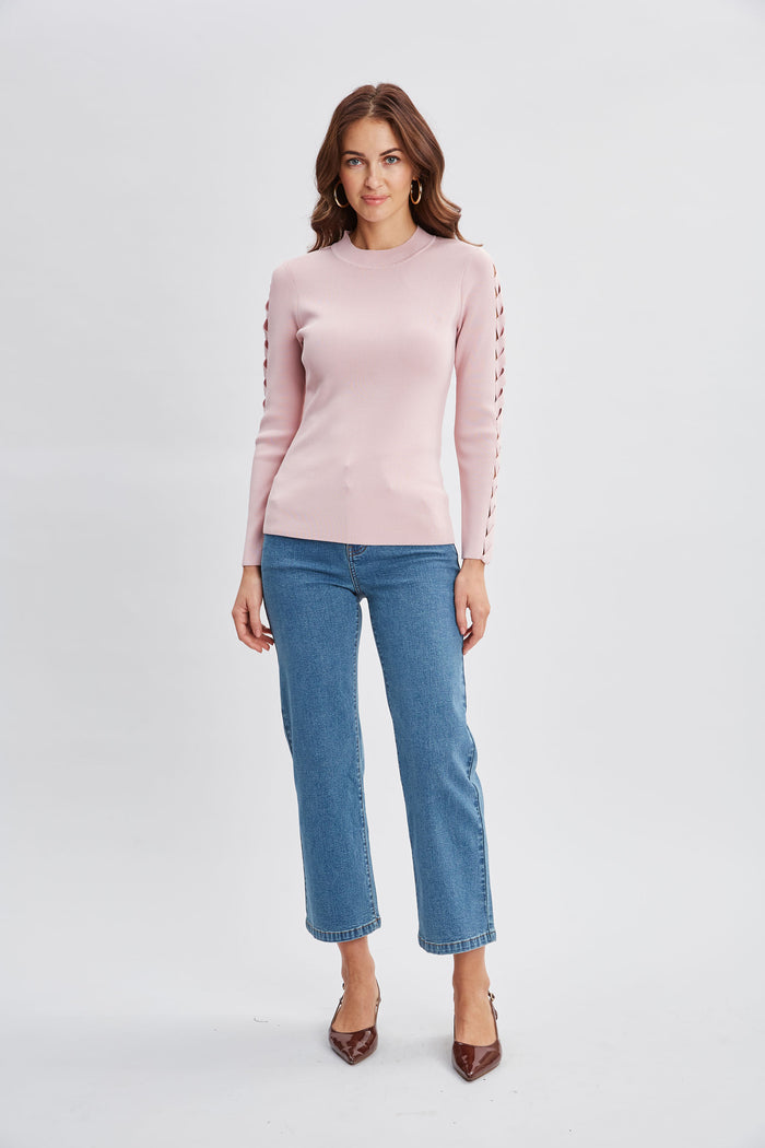 Elie Tahari Openwork Sleeve Sweater PINK LEMONADE