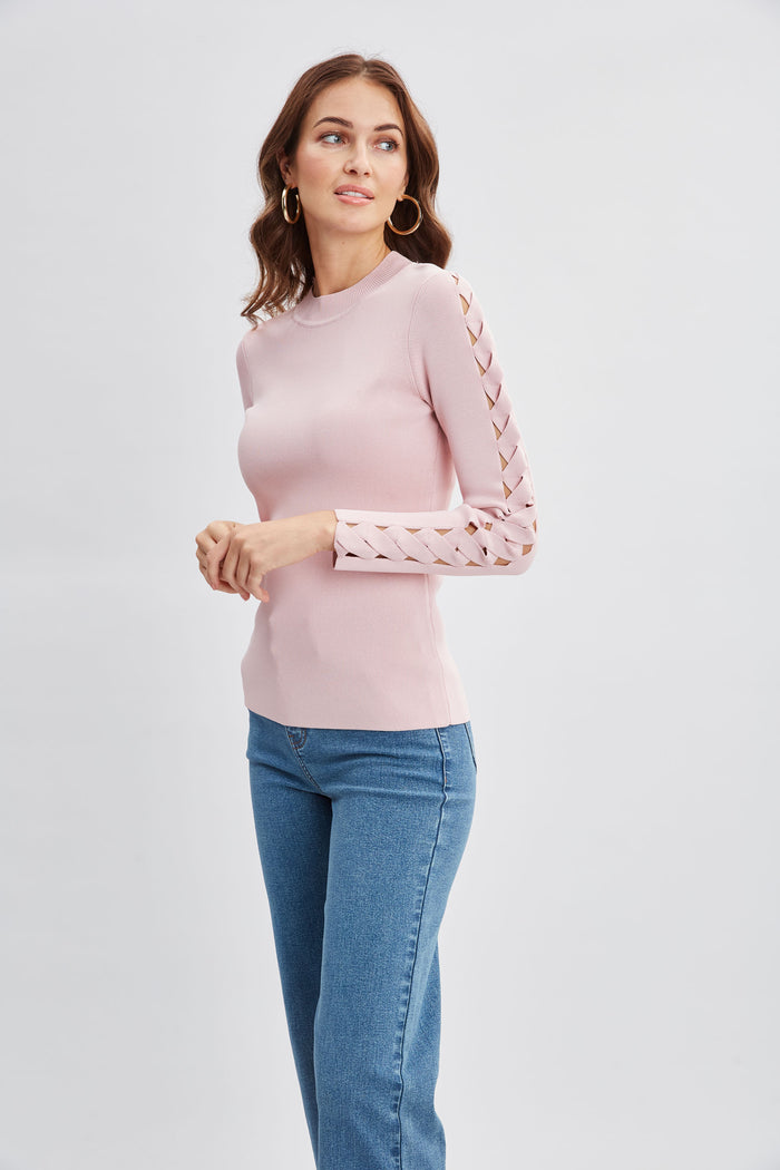Elie Tahari Openwork Sleeve Sweater PINK LEMONADE