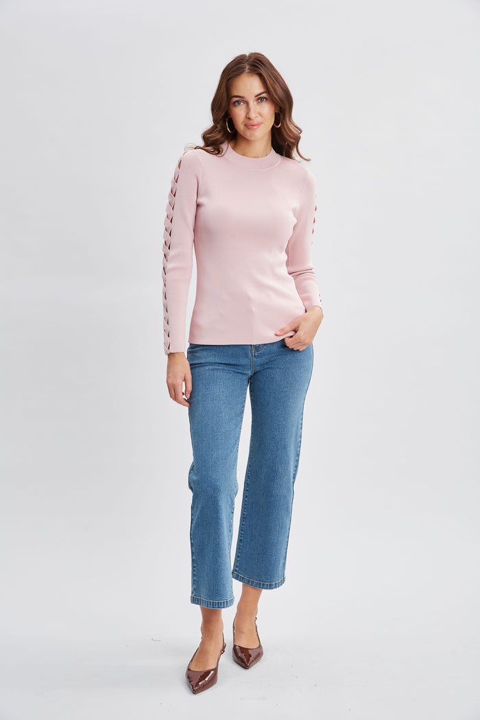 Elie Tahari Openwork Sleeve Sweater PINK LEMONADE