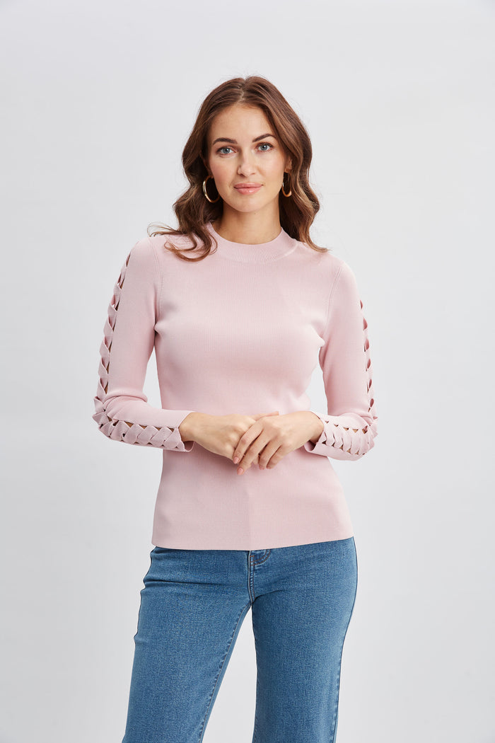 Elie Tahari Openwork Sleeve Sweater PINK LEMONADE