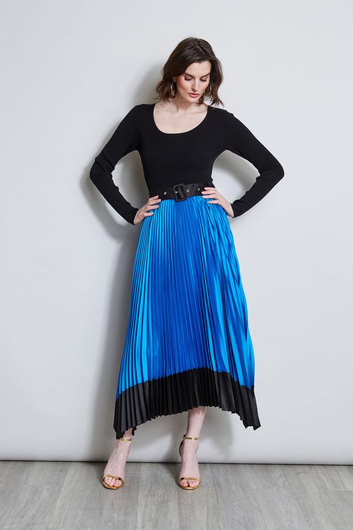 Elie Tahari Pleated Belted Dress BLUE IVY/NOIR