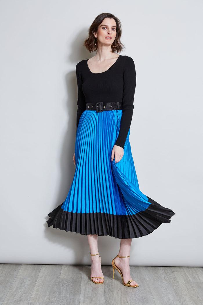 Elie Tahari Pleated Belted Dress BLUE IVY/NOIR