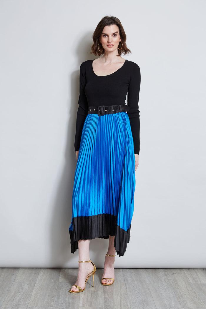 Elie Tahari Pleated Belted Dress BLUE IVY/NOIR
