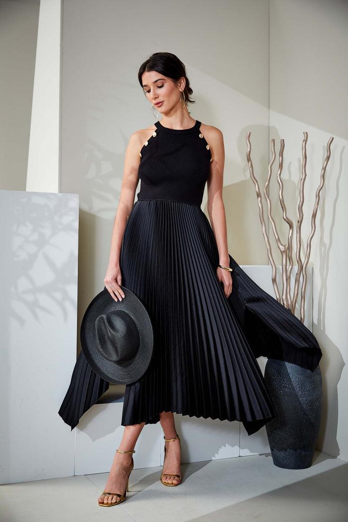 Elie Tahari Pleated Halter Midi Dress NOIR