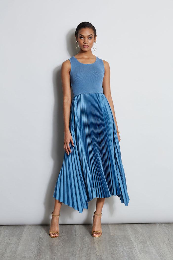 Elie Tahari Pleated Midi Dress BLUE BREEZE