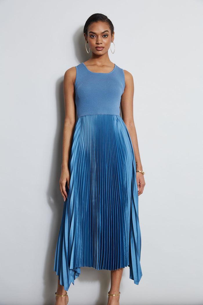Elie Tahari Pleated Midi Dress BLUE BREEZE