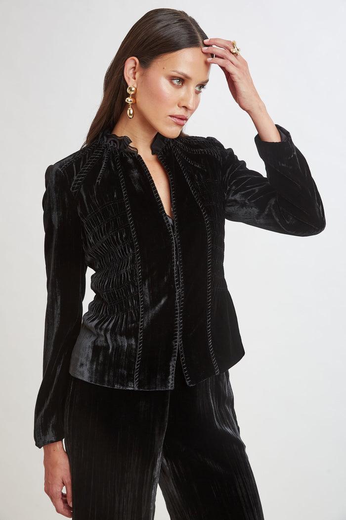 Elie Tahari Plisse Velvet Embroidered Jacket BLACK