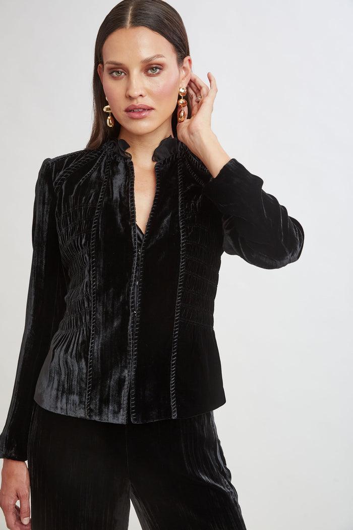 Elie Tahari Plisse Velvet Embroidered Jacket BLACK