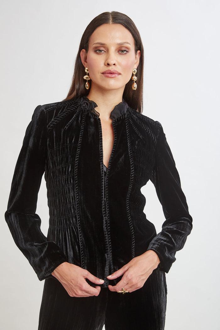 Elie Tahari Plisse Velvet Embroidered Jacket BLACK