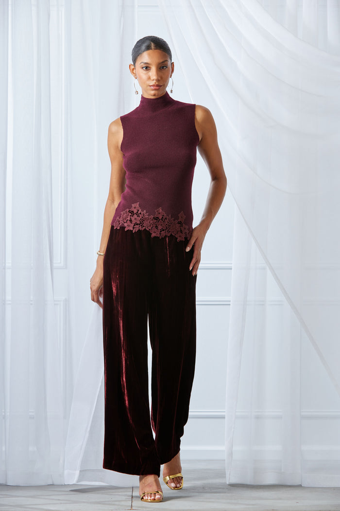 Elie Tahari Plisse Velvet Fluid Pant BURGUNDY