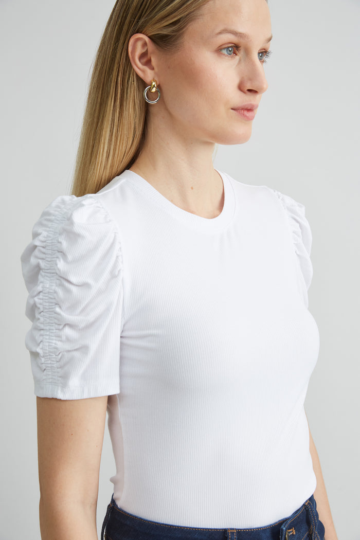 Elie Tahari Puff Sleeve Rib Knit WHITE