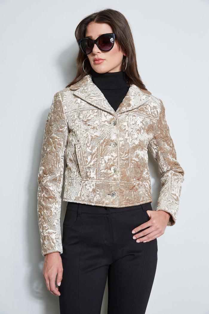 Elie Tahari Quilted Velvet Cropped Jacket BEIGE