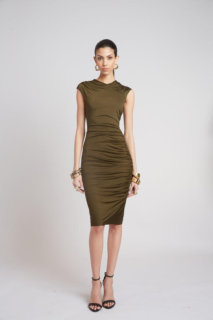 Elie Tahari Ruched Jersey Dress OLIVE
