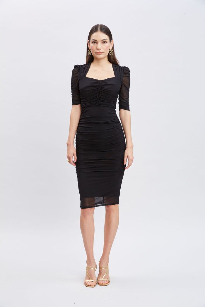 Elie Tahari Ruched Mesh Dress BLACK