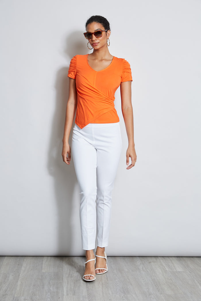 Elie Tahari Ruched Sleeve V-Neck Knit APRICOT