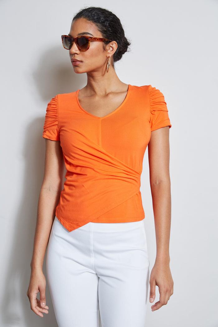 Elie Tahari Ruched Sleeve V-Neck Knit APRICOT