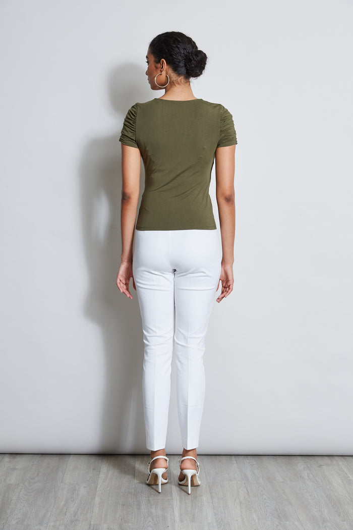 Elie Tahari Ruched Sleeve V-Neck Knit WILLOW GREEN
