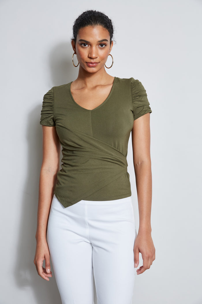 Elie Tahari Ruched Sleeve V-Neck Knit WILLOW GREEN