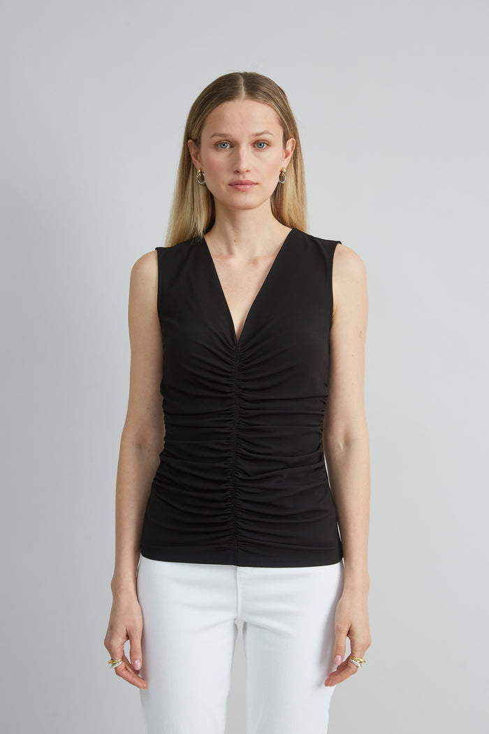 Elie Tahari Ruched V-Neck Jersey Knit BLACK